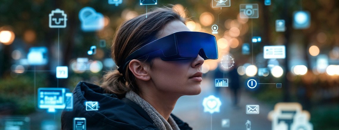 A woman wearing futuristic AR glasses surrounded by digital icons, symbolizing the impact of AI in local SEO on immersive, data-driven search experiences.