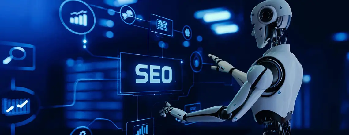 A humanoid robot interacts with a digital interface labeled "SEO," symbolizing the role of AI in optimizing E-E-A-T SEO strategies.