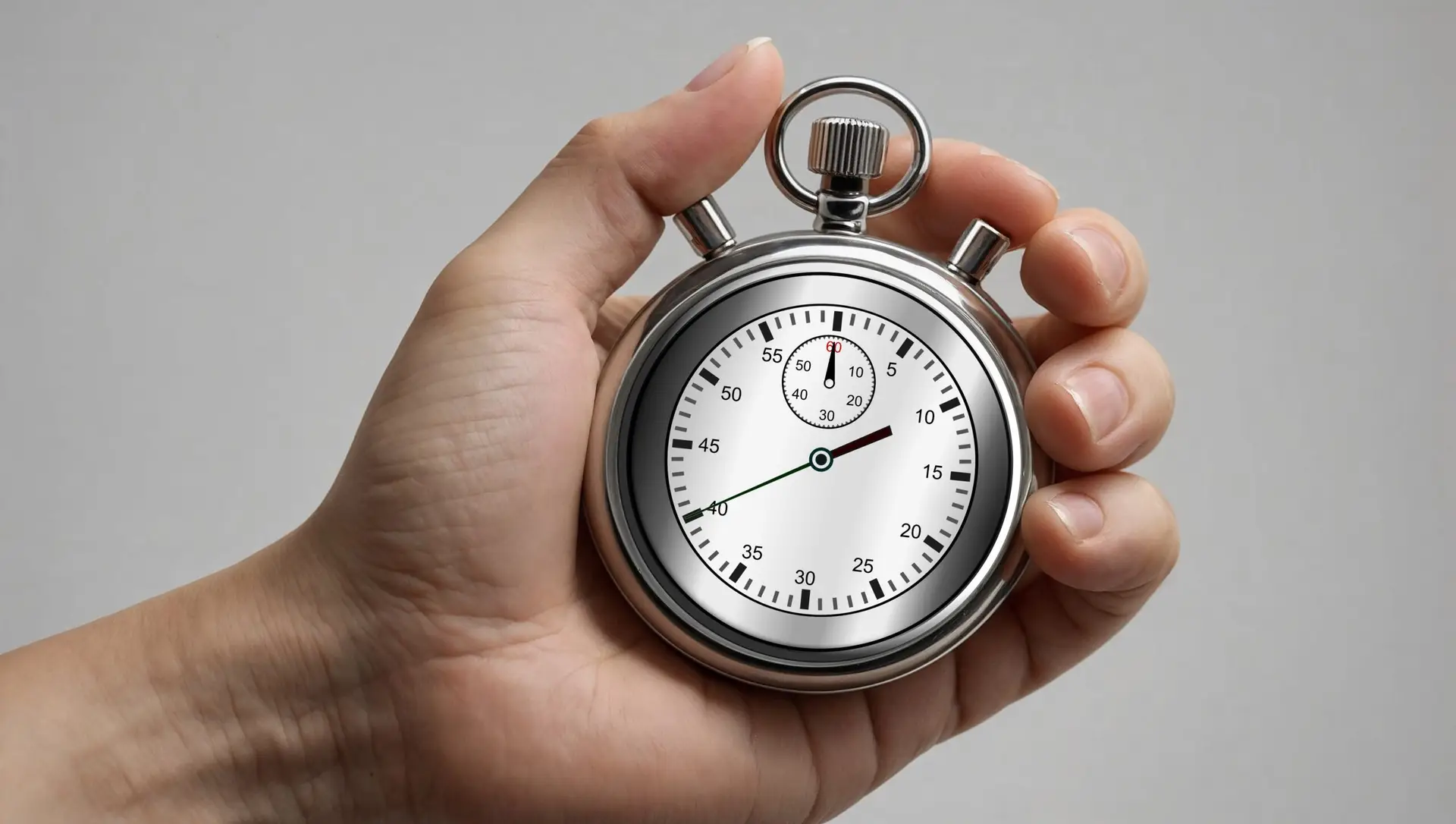 A hand is holding a silver stopwatch